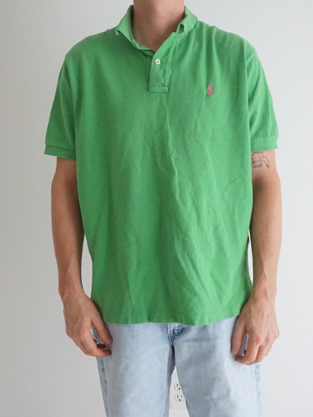 Vintage Polo Ralph Lauren Green Pink Pony Classic Fit Golf Polo Shirt Cotton XL